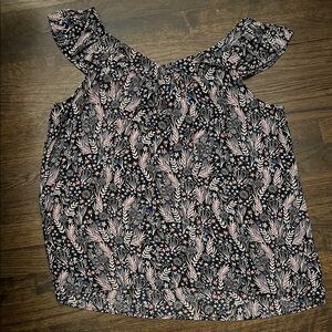 LOFT Navy and Pink Leaf Print Blouse